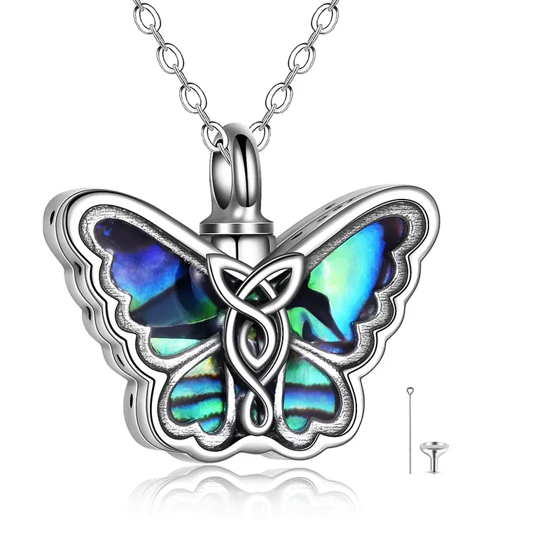 Butterfly Urn Necklace for Ashes 925 Sterling Silver Celtic Knot Keepsake Necklace for Women Jewelry Abalone Shell