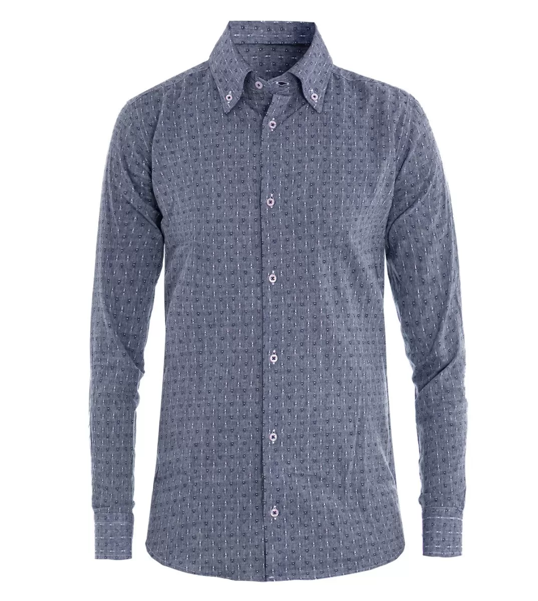 Camicia Uomo Con Colletto Manica Lunga Slim Fit Casual Cotone Fantasia Pois Blu GIOSAL-C1468A