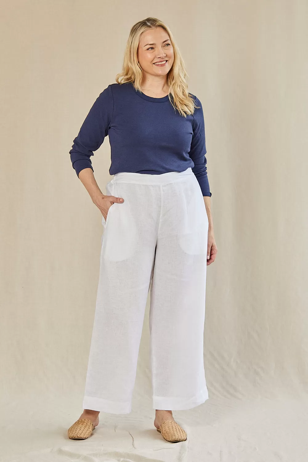 Camille Linen Wide Leg Pant in White