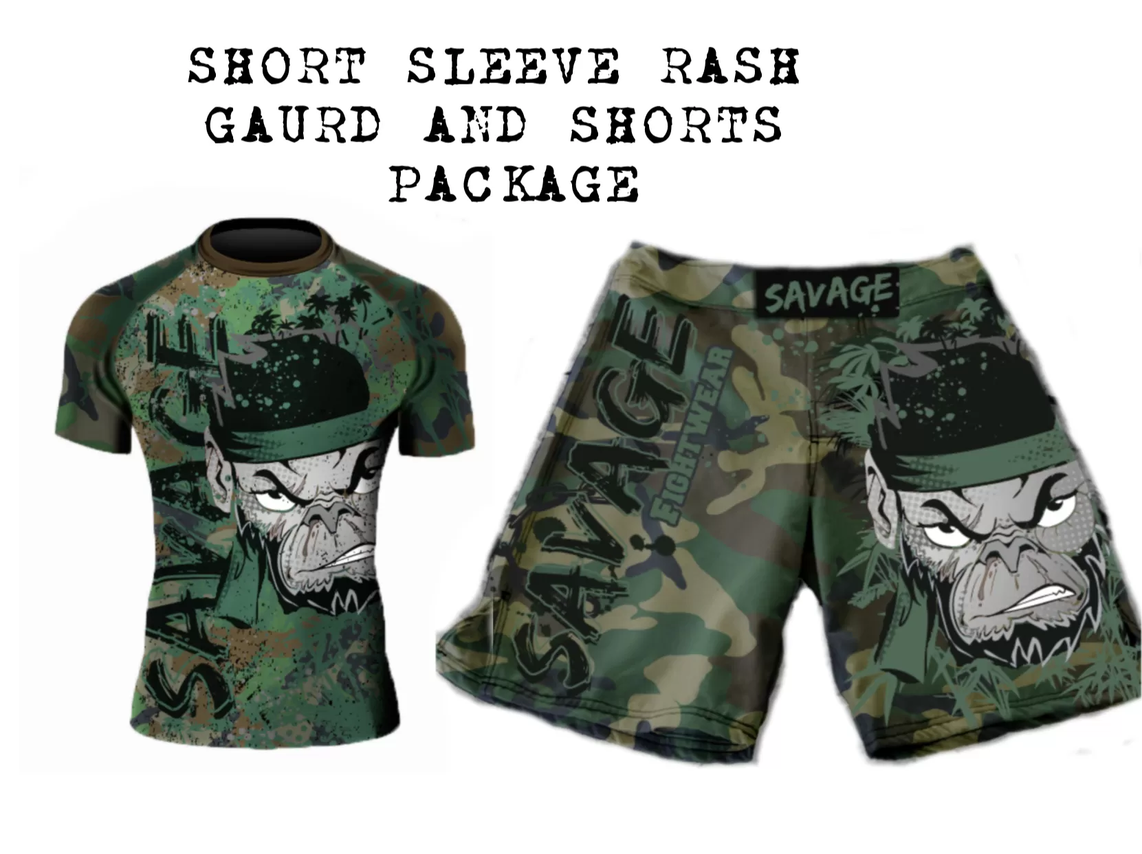 Camo Monkey Short Rash Guard And Shorts Package Presale items Shipping To Start December 5th