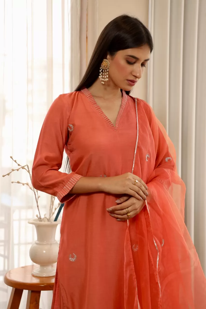 Chand embroidery orange muslin straight set