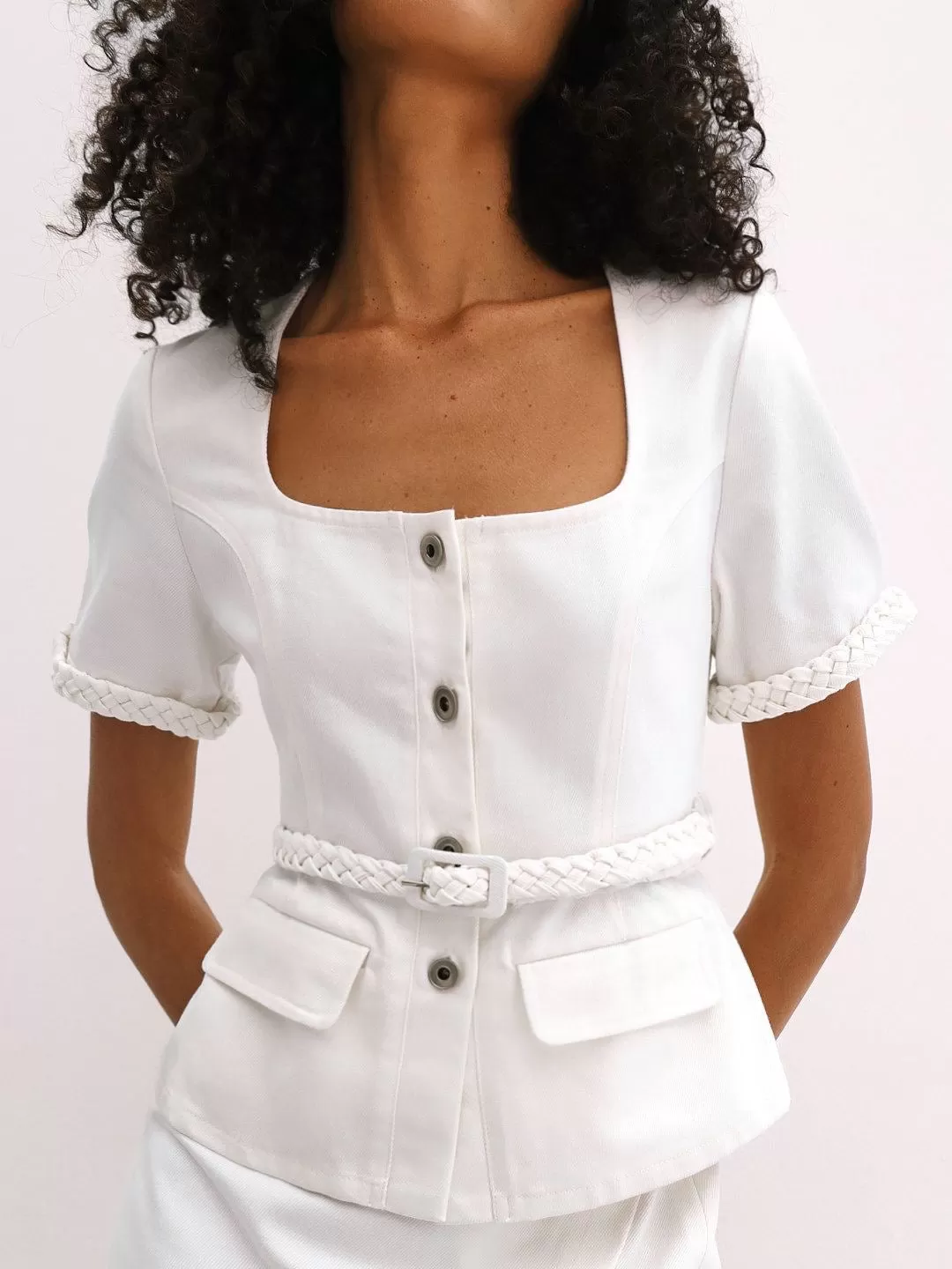 Charlie Denim Braided Trim Top | White