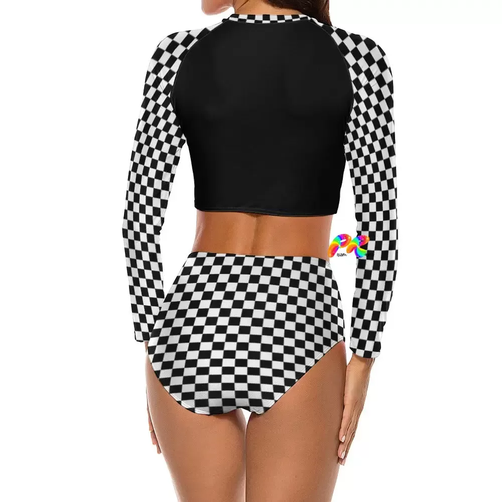 Checkered Long Sleeve High Waist Bikini