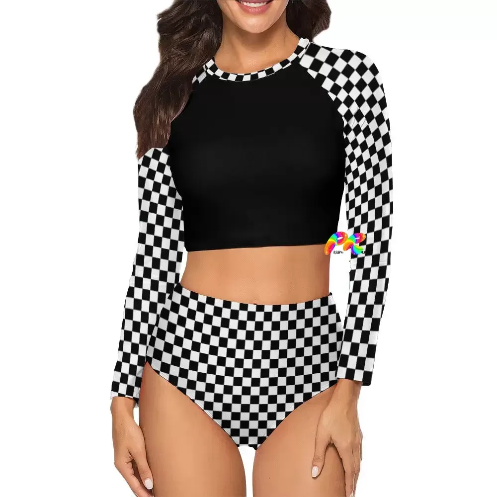 Checkered Long Sleeve High Waist Bikini