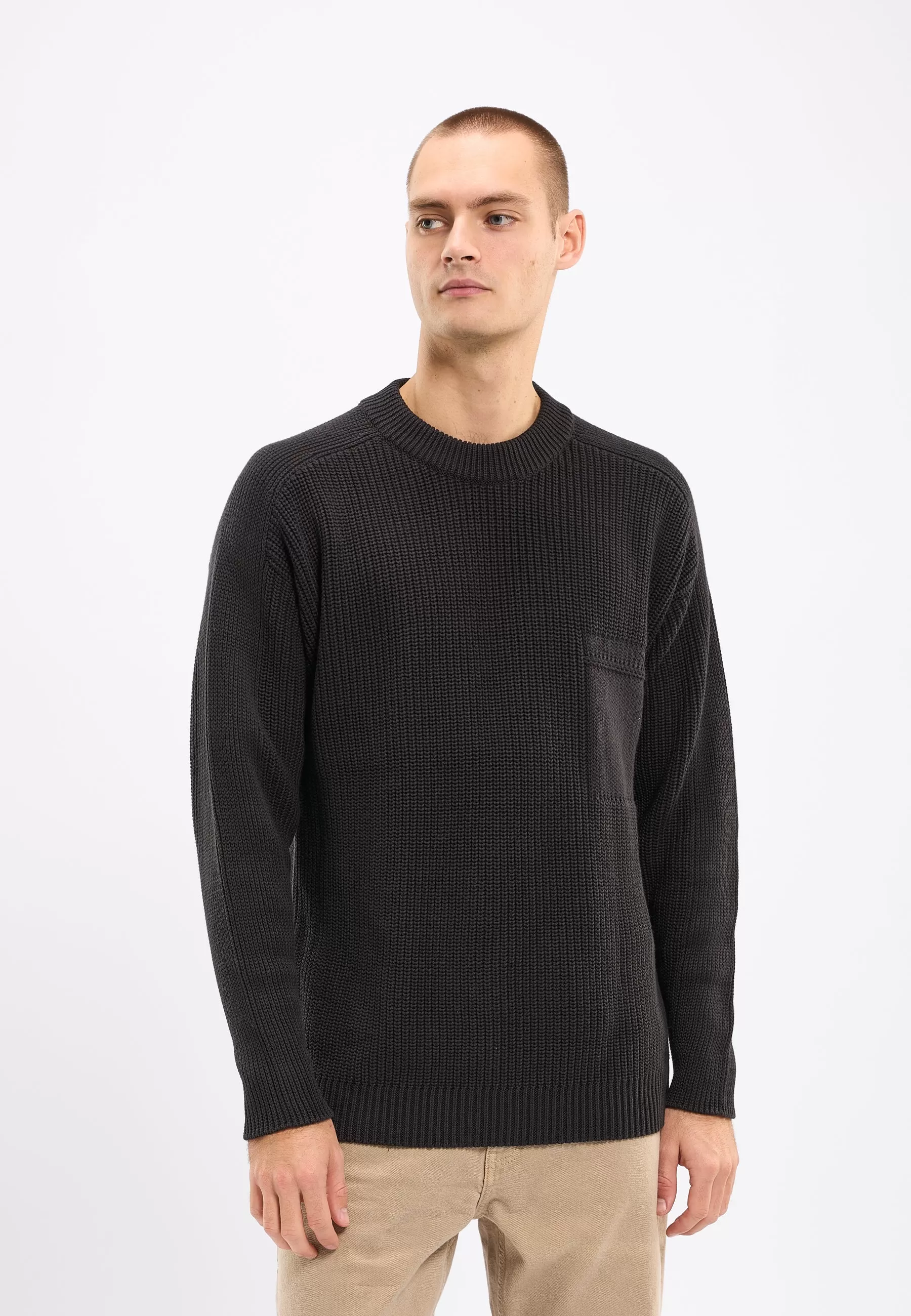 Classic rib structure mock neck with fake pocket knit - Black Jet