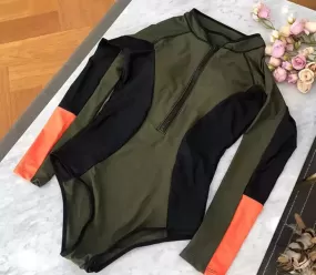 Colour block army green rashguard swimsuit