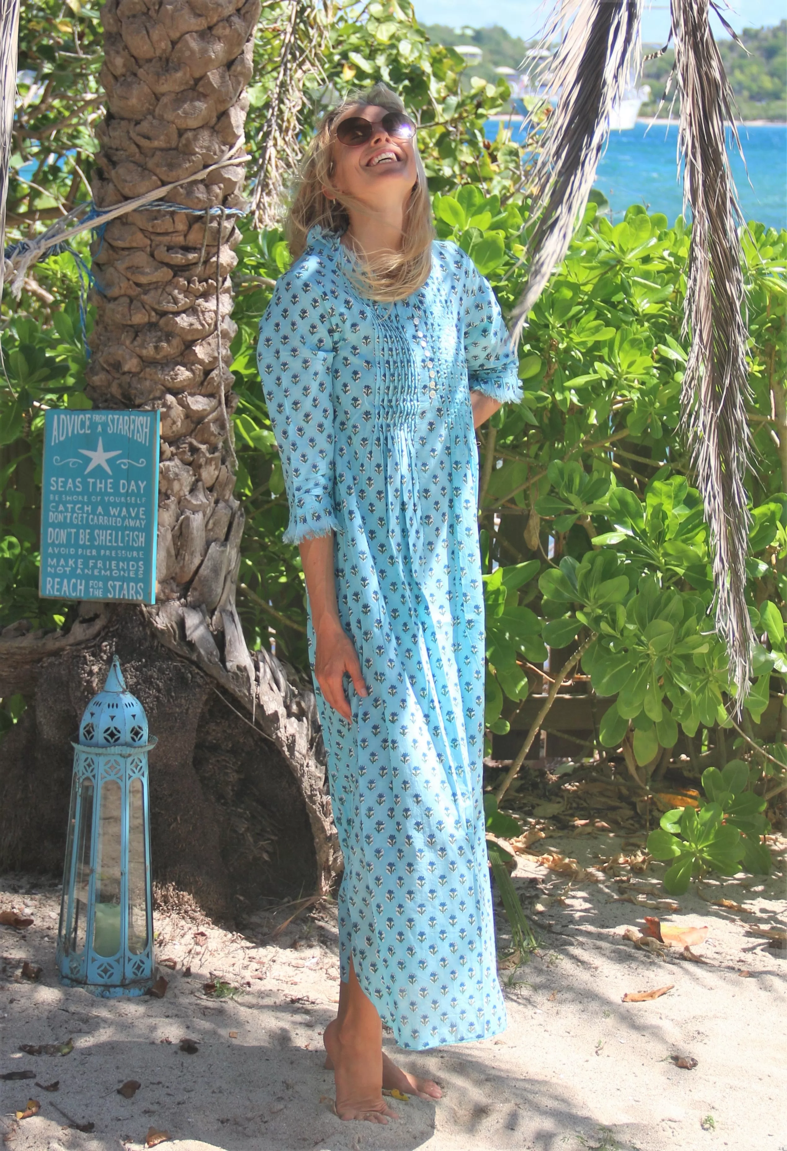 Cotton Annabel Maxi Dress in Blue with Navy Ditsy Flower