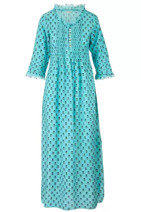 Cotton Annabel Maxi Dress in Blue with Navy Ditsy Flower