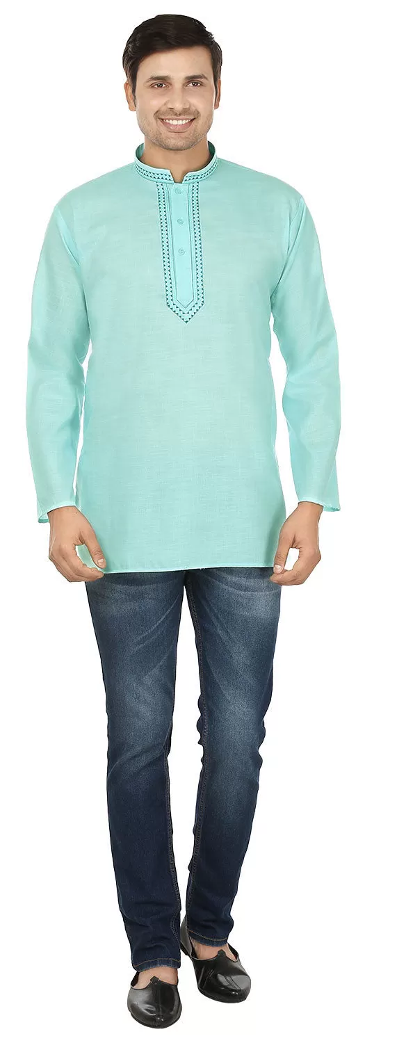 Cotton Dress Mens Short Kurta Shirt India Apparel (Turquoise)