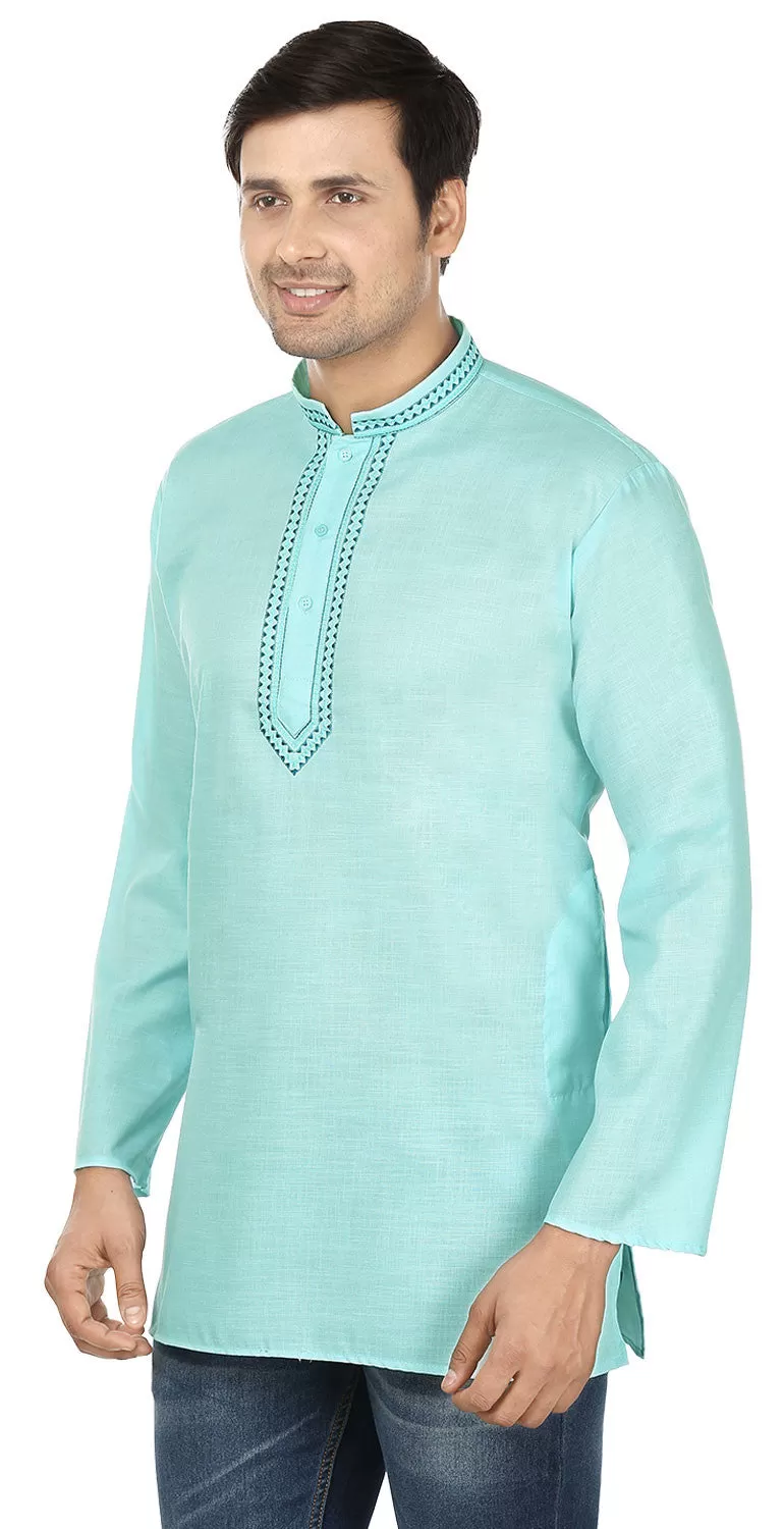 Cotton Dress Mens Short Kurta Shirt India Apparel (Turquoise)