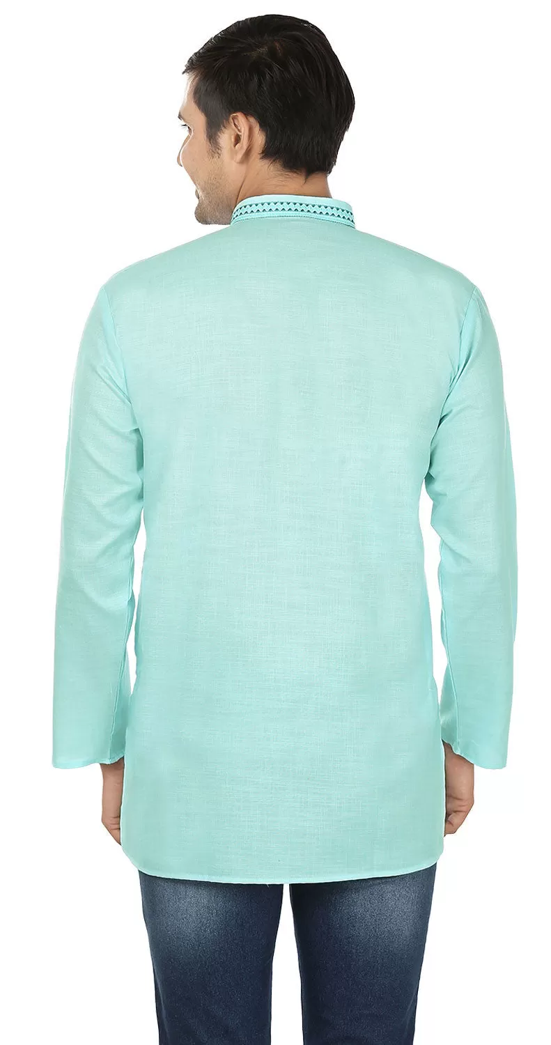 Cotton Dress Mens Short Kurta Shirt India Apparel (Turquoise)