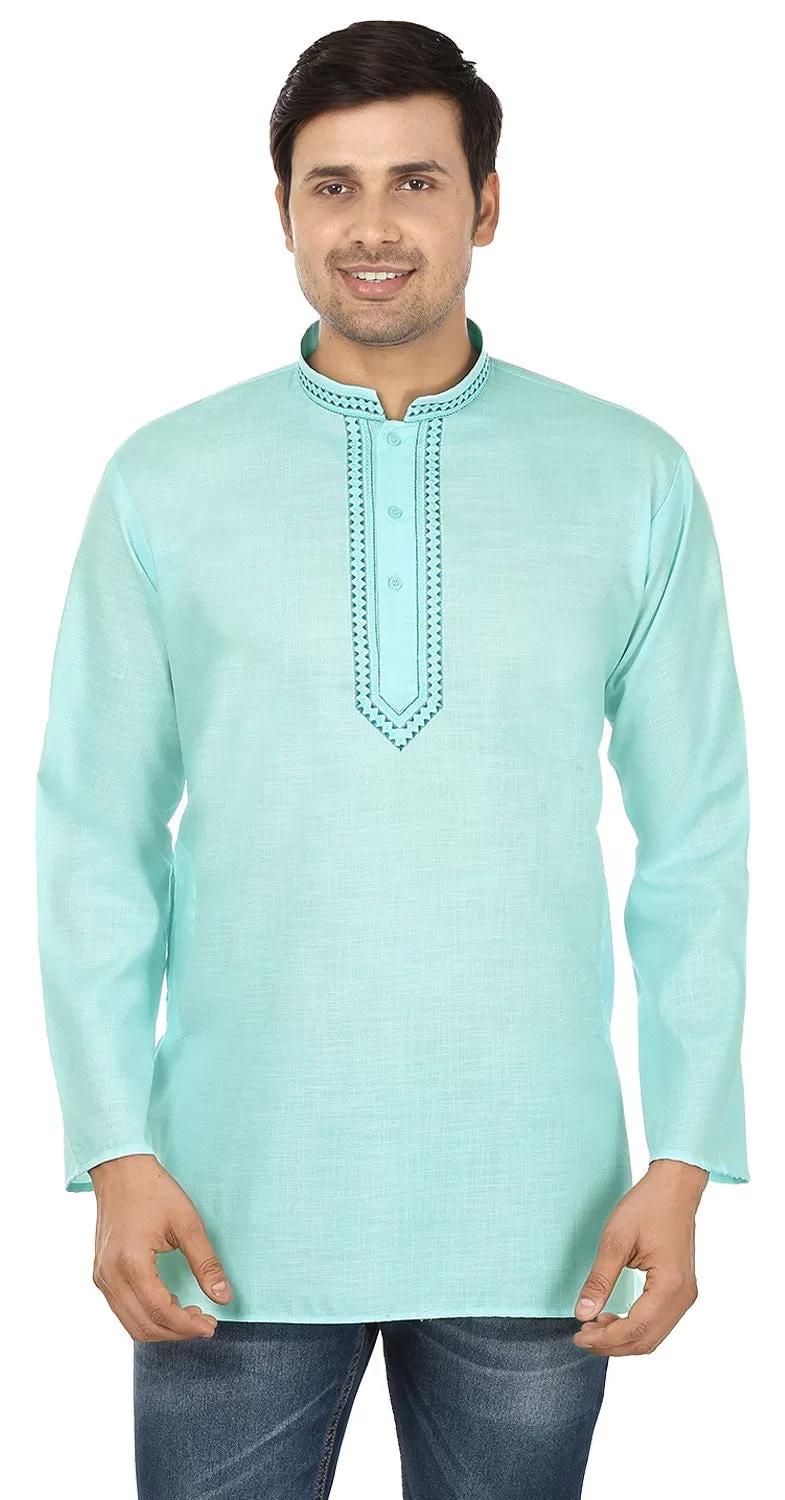 Cotton Dress Mens Short Kurta Shirt India Apparel (Turquoise)