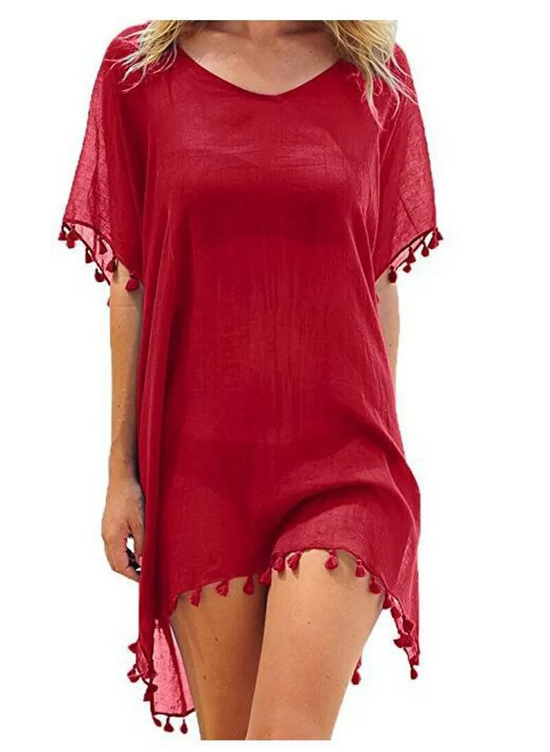 Crew Neck Solid Color Tassel Beach Cover Ups