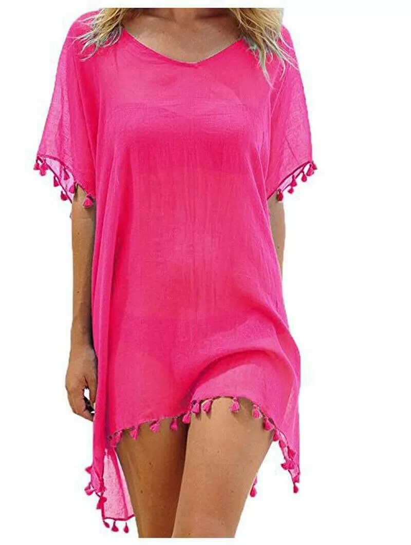 Crew Neck Solid Color Tassel Beach Cover Ups