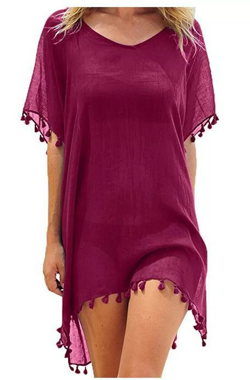 Crew Neck Solid Color Tassel Beach Cover Ups