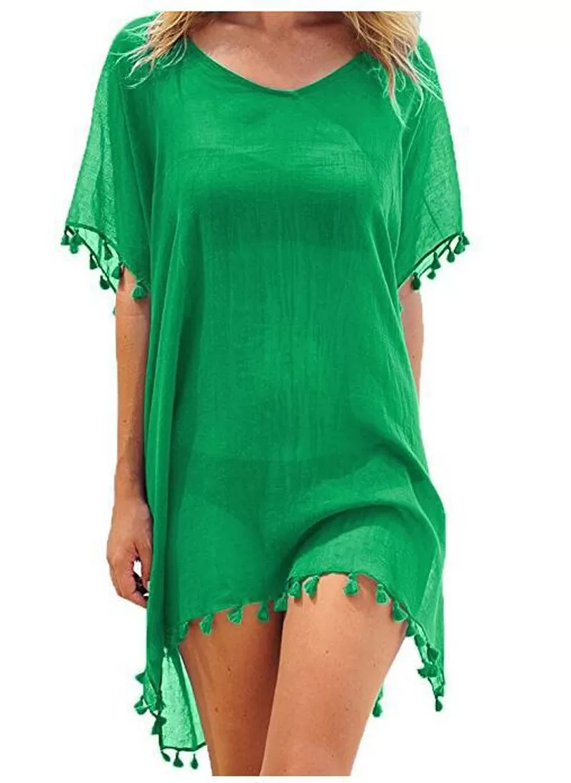 Crew Neck Solid Color Tassel Beach Cover Ups