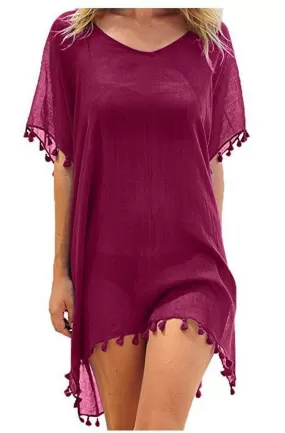 Crew Neck Solid Color Tassel Beach Cover Ups