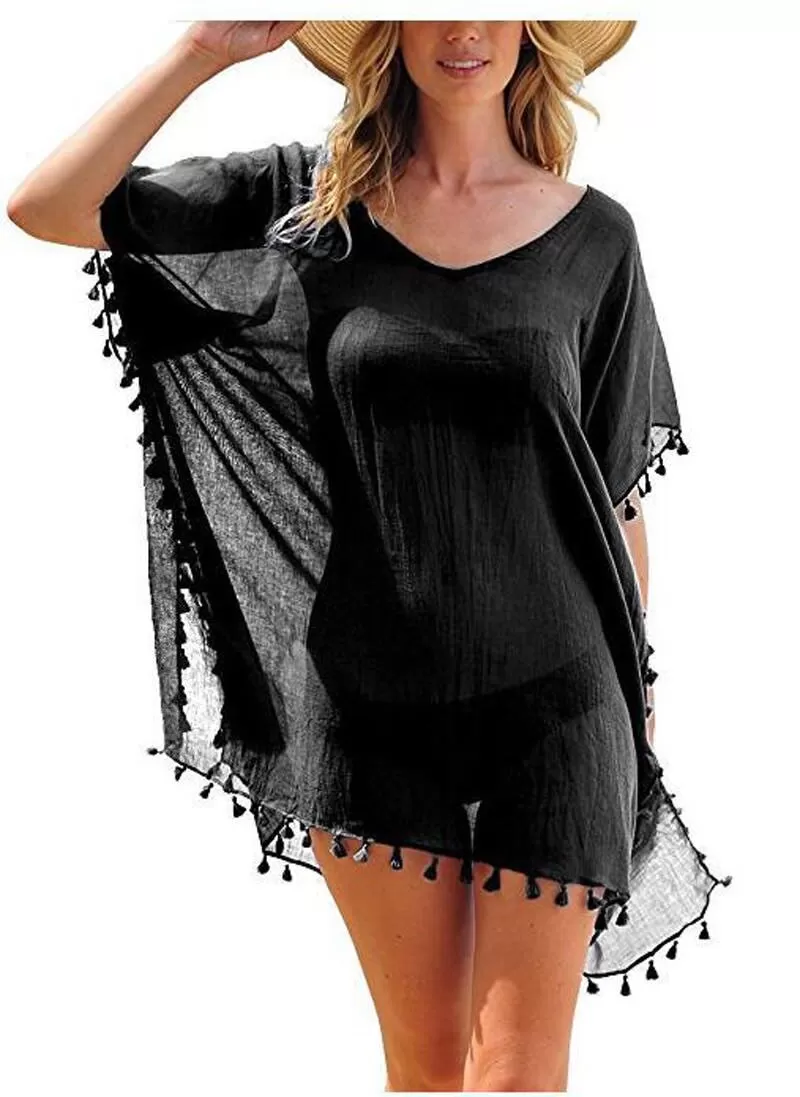 Crew Neck Solid Color Tassel Beach Cover Ups