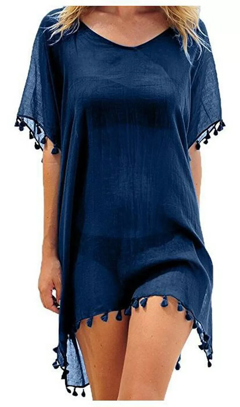 Crew Neck Solid Color Tassel Beach Cover Ups