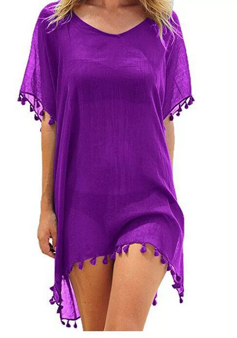 Crew Neck Solid Color Tassel Beach Cover Ups