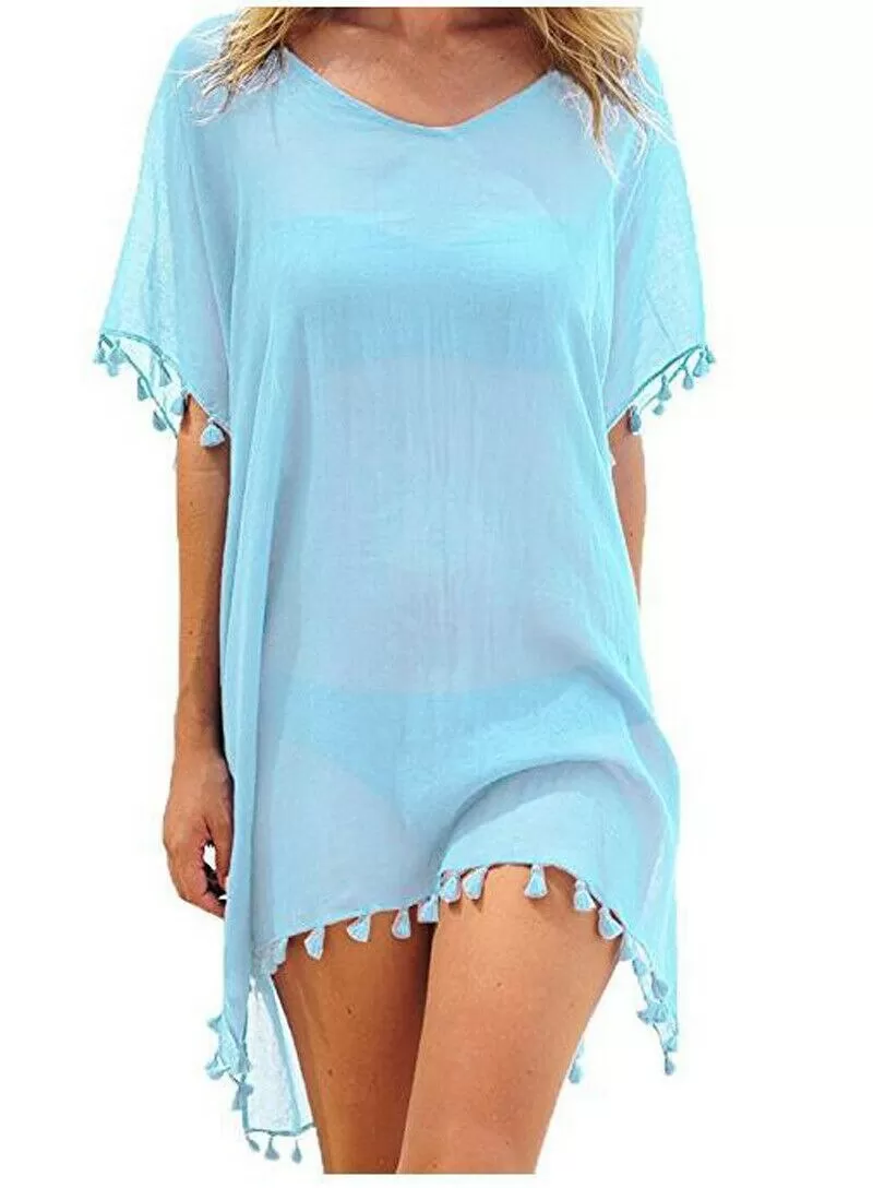 Crew Neck Solid Color Tassel Beach Cover Ups