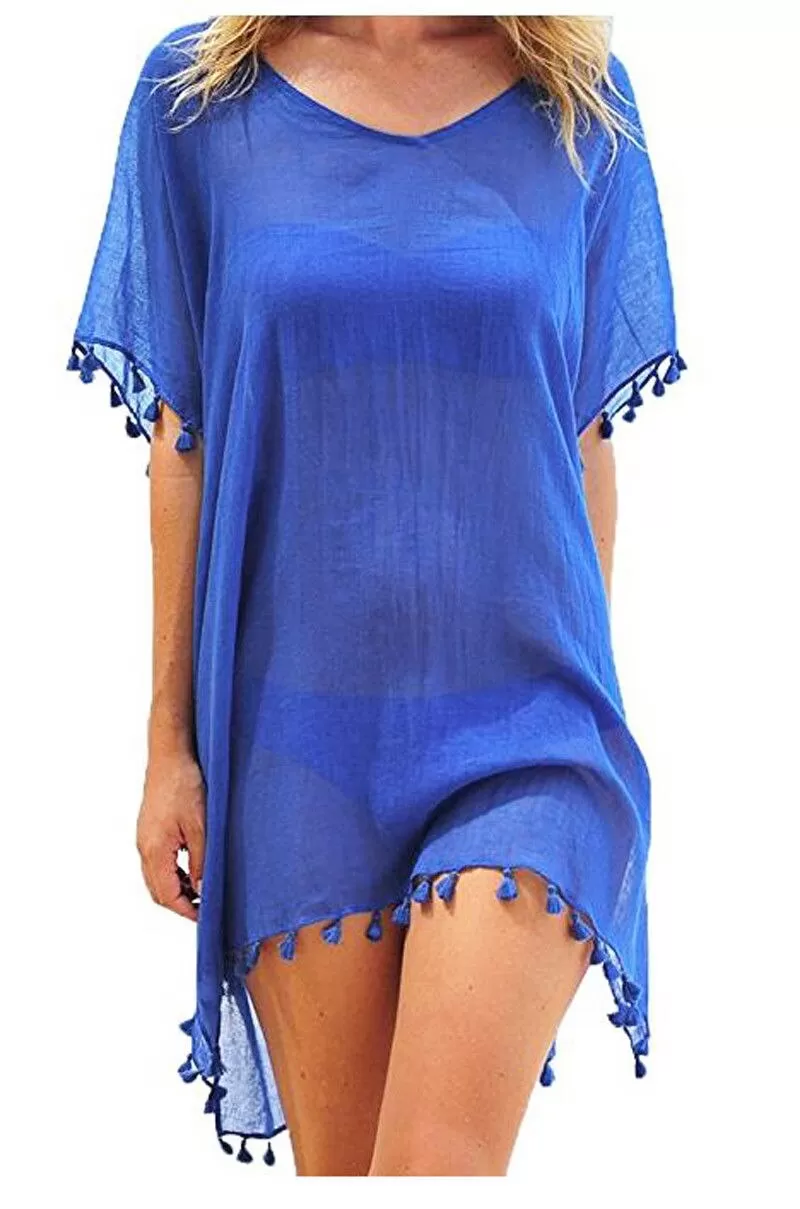 Crew Neck Solid Color Tassel Beach Cover Ups