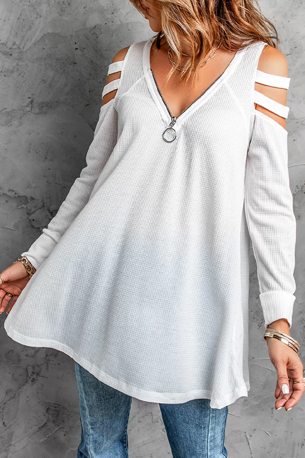 Cutout Waffle Knit Tunic Top