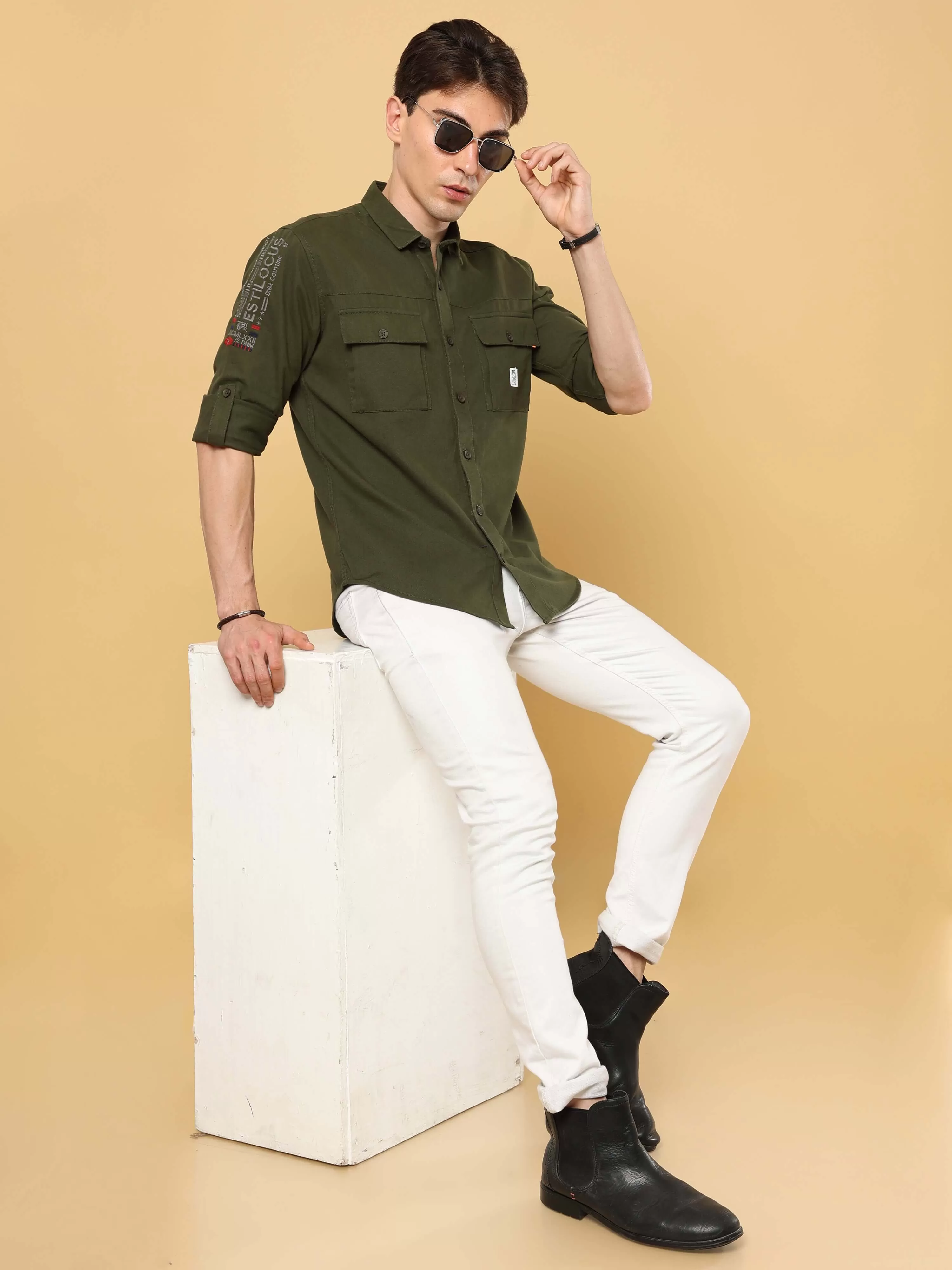 Dark Green Cargo Double Pocket Full Sleeve Shirt