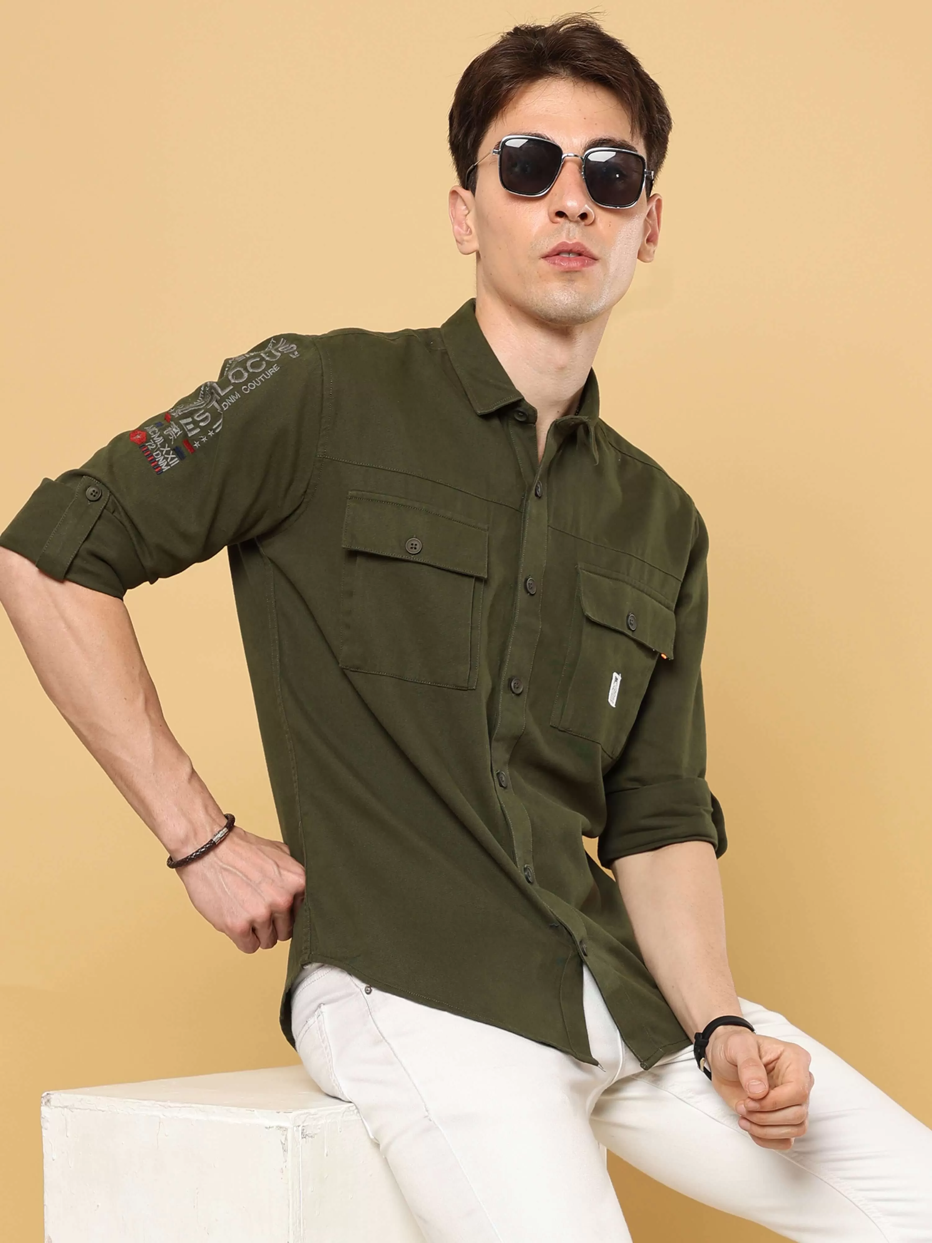 Dark Green Cargo Double Pocket Full Sleeve Shirt