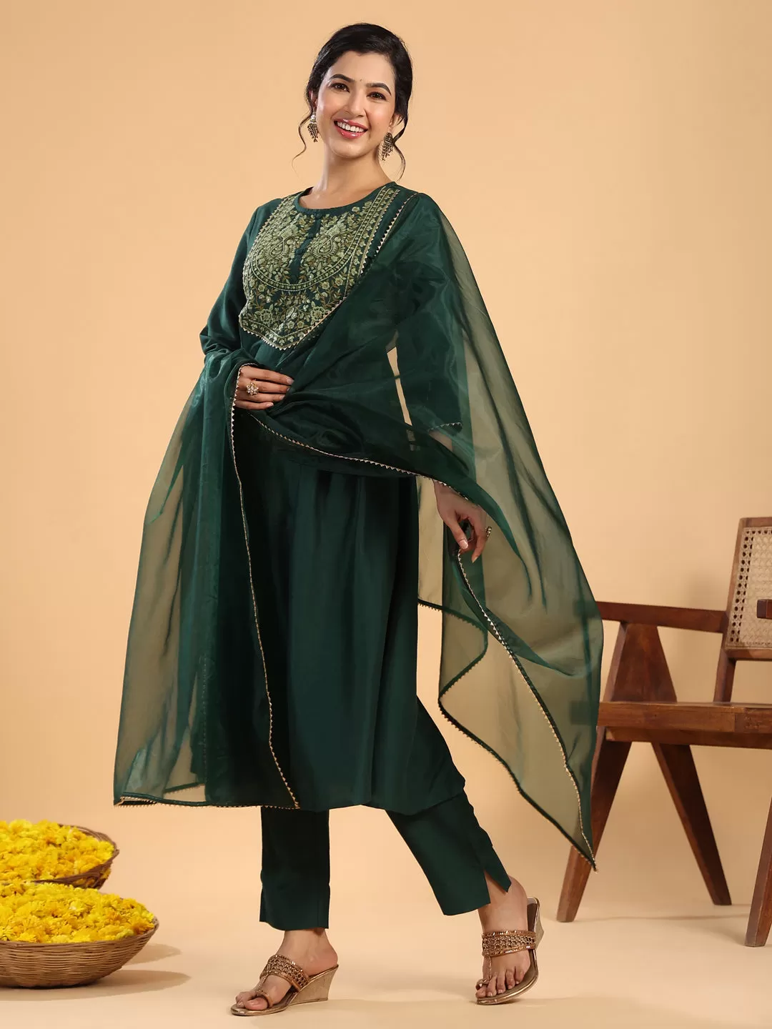 Dark Green Chinnon Yoke Embroidery Pleated Kurta Pant Set