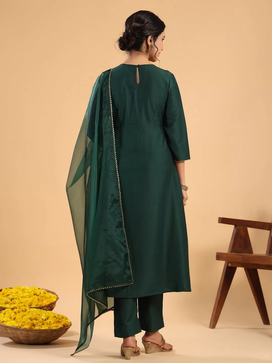 Dark Green Chinnon Yoke Embroidery Pleated Kurta Pant Set