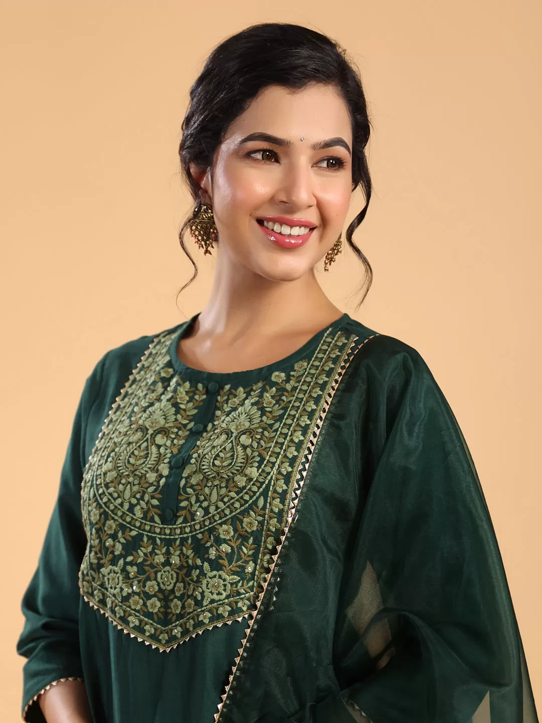 Dark Green Chinnon Yoke Embroidery Pleated Kurta Pant Set