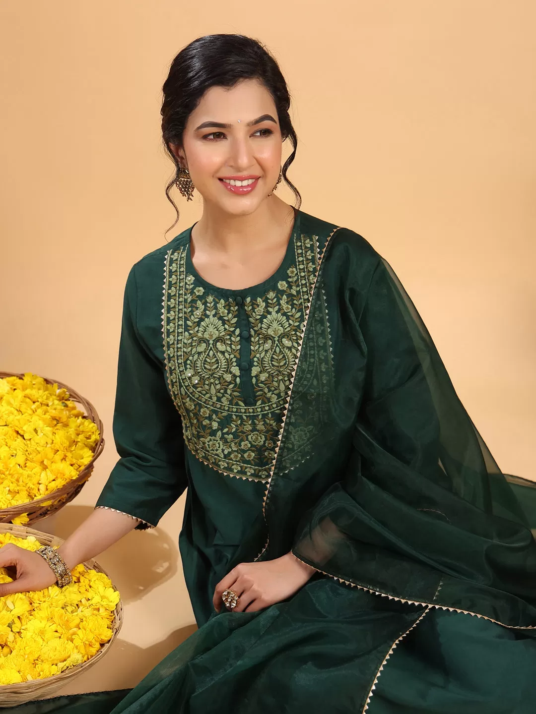 Dark Green Chinnon Yoke Embroidery Pleated Kurta Pant Set