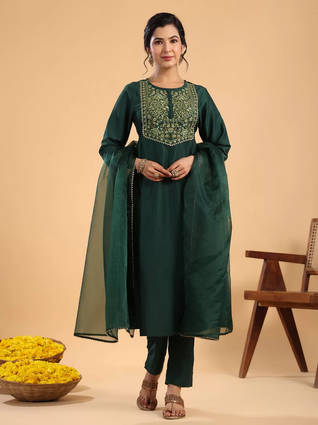 Dark Green Chinnon Yoke Embroidery Pleated Kurta Pant Set