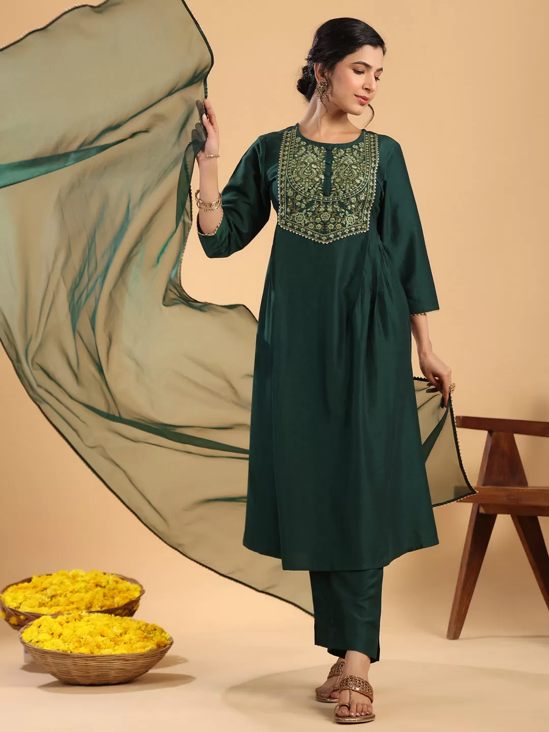 Dark Green Chinnon Yoke Embroidery Pleated Kurta Pant Set