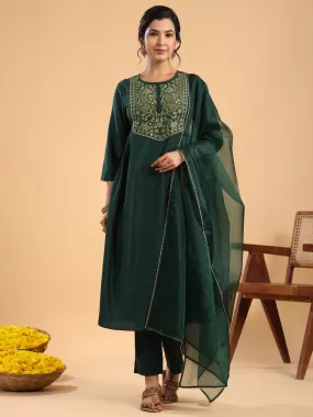 Dark Green Chinnon Yoke Embroidery Pleated Kurta Pant Set