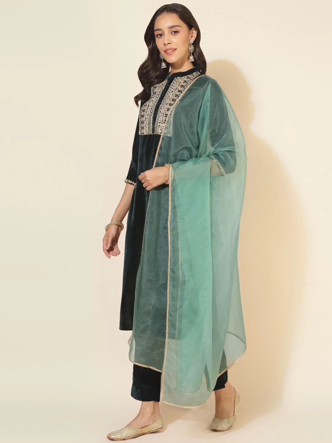 Dark Green Velvet Embellished Kurta with Pant and Dupatta