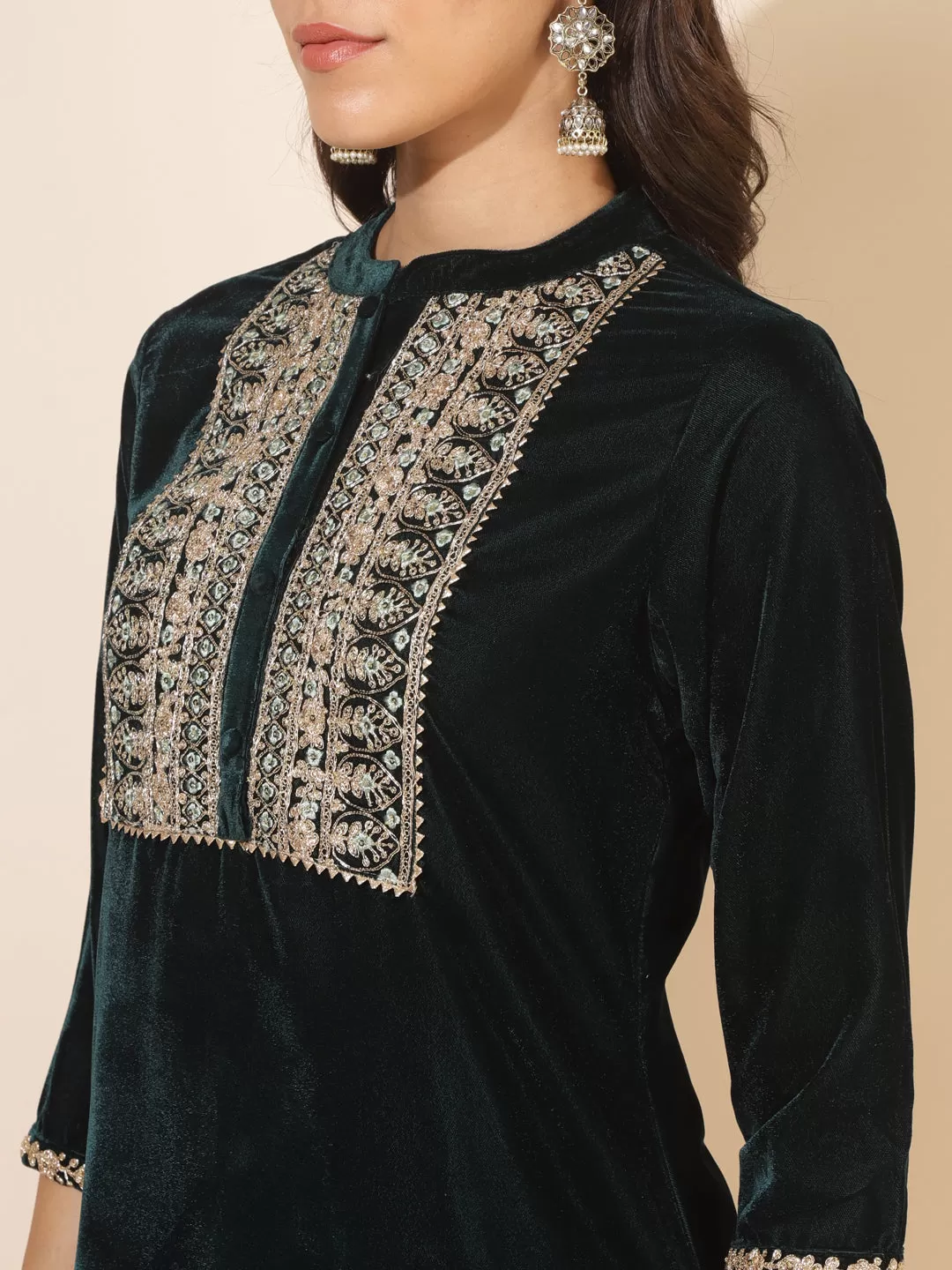 Dark Green Velvet Embellished Kurta with Pant and Dupatta