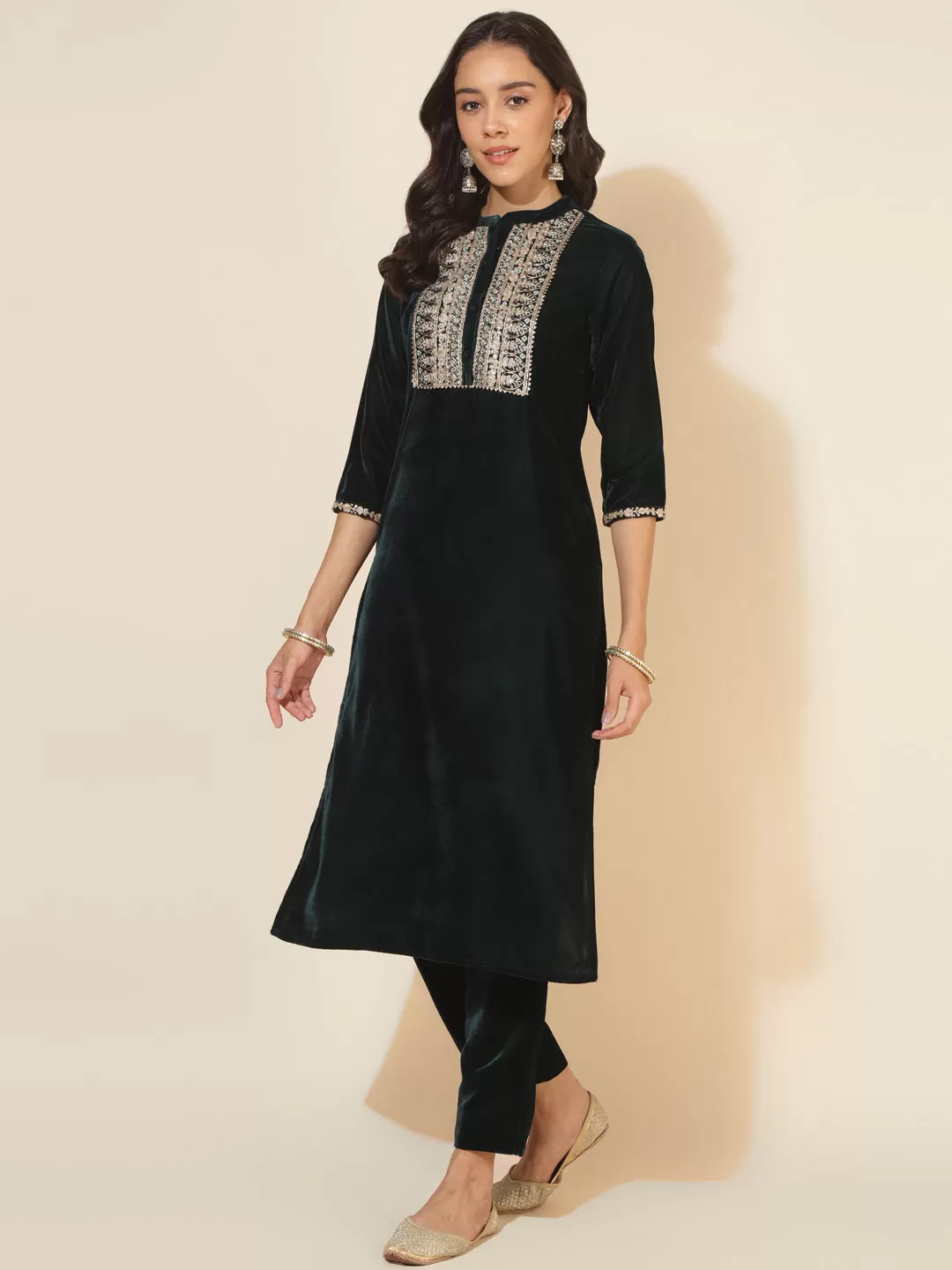 Dark Green Velvet Embellished Kurta with Pant and Dupatta