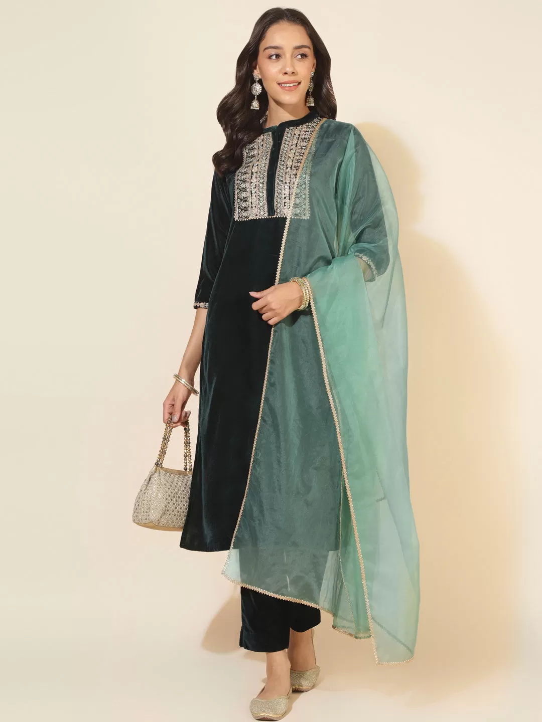 Dark Green Velvet Embellished Kurta with Pant and Dupatta