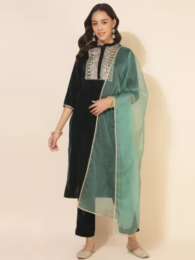 Dark Green Velvet Embellished Kurta with Pant and Dupatta