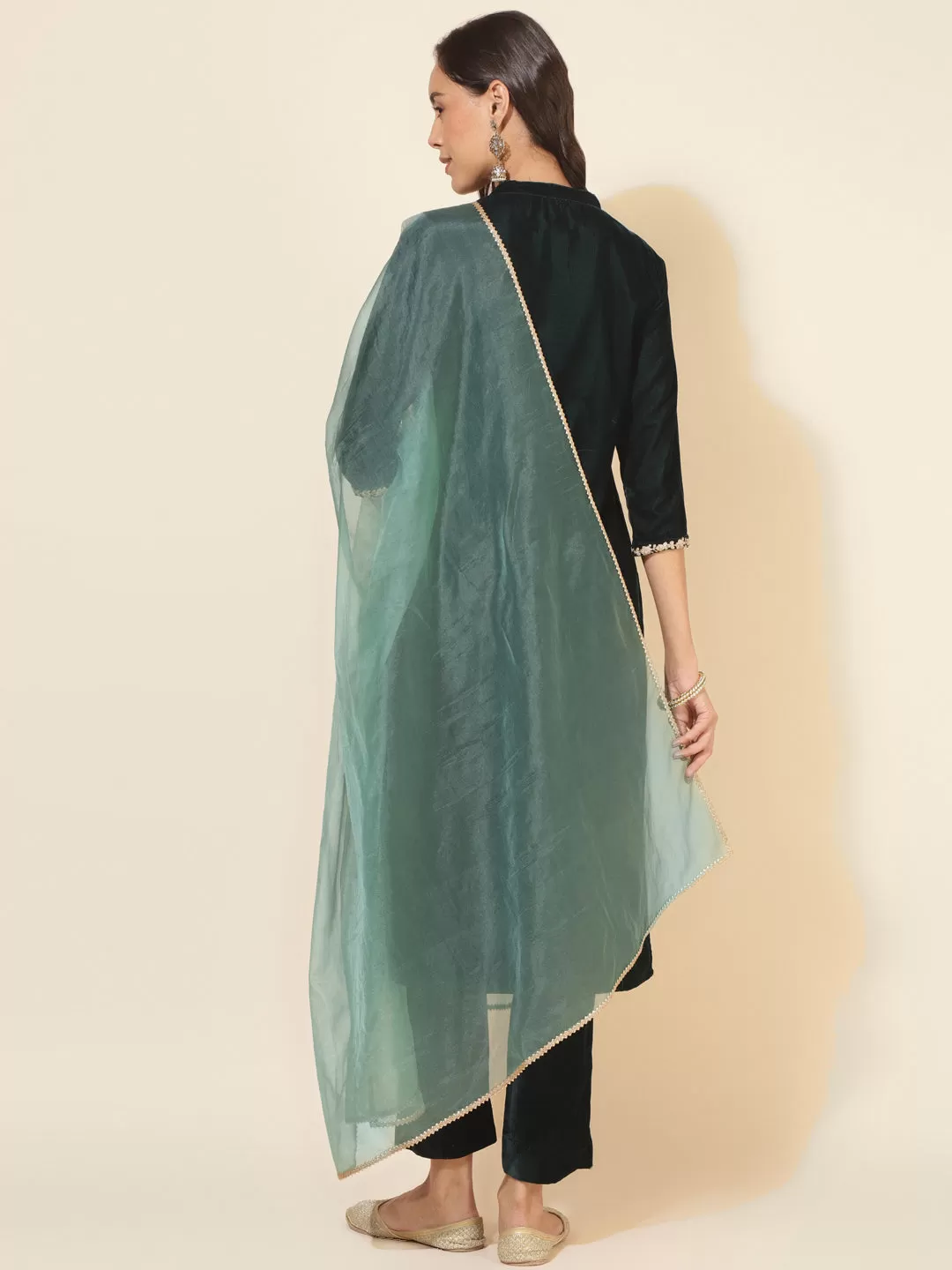 Dark Green Velvet Embellished Kurta with Pant and Dupatta