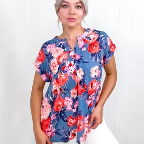 Dear Scarlett Lizzy Cap Sleeve Top in Dusty Blue and Coral Roses