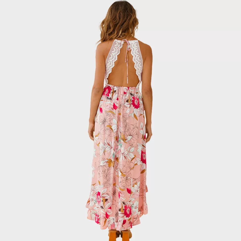 Deep V Hollow Lace Irregular Maxi Dress