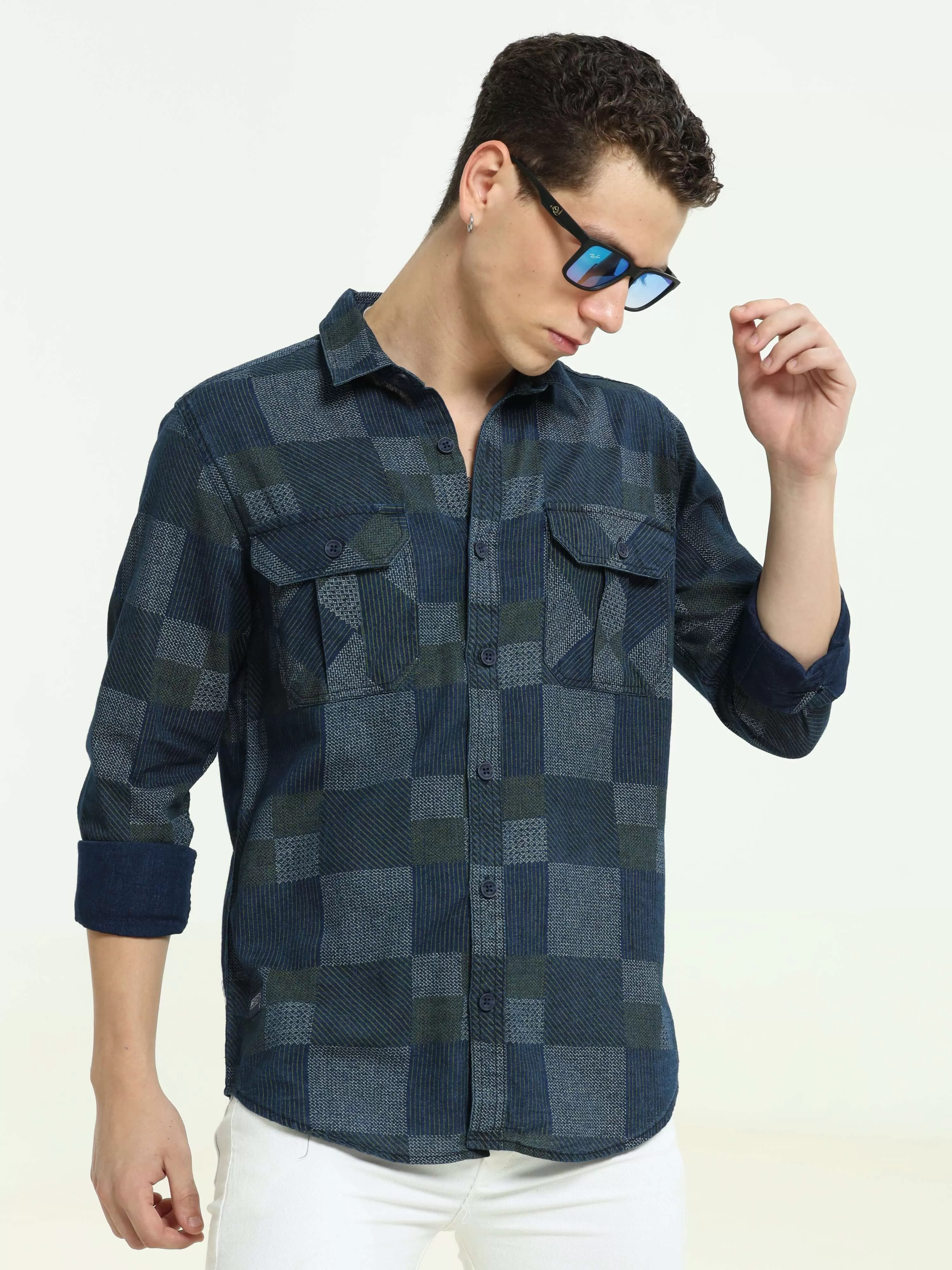 Denim multi blocked check casual shirt