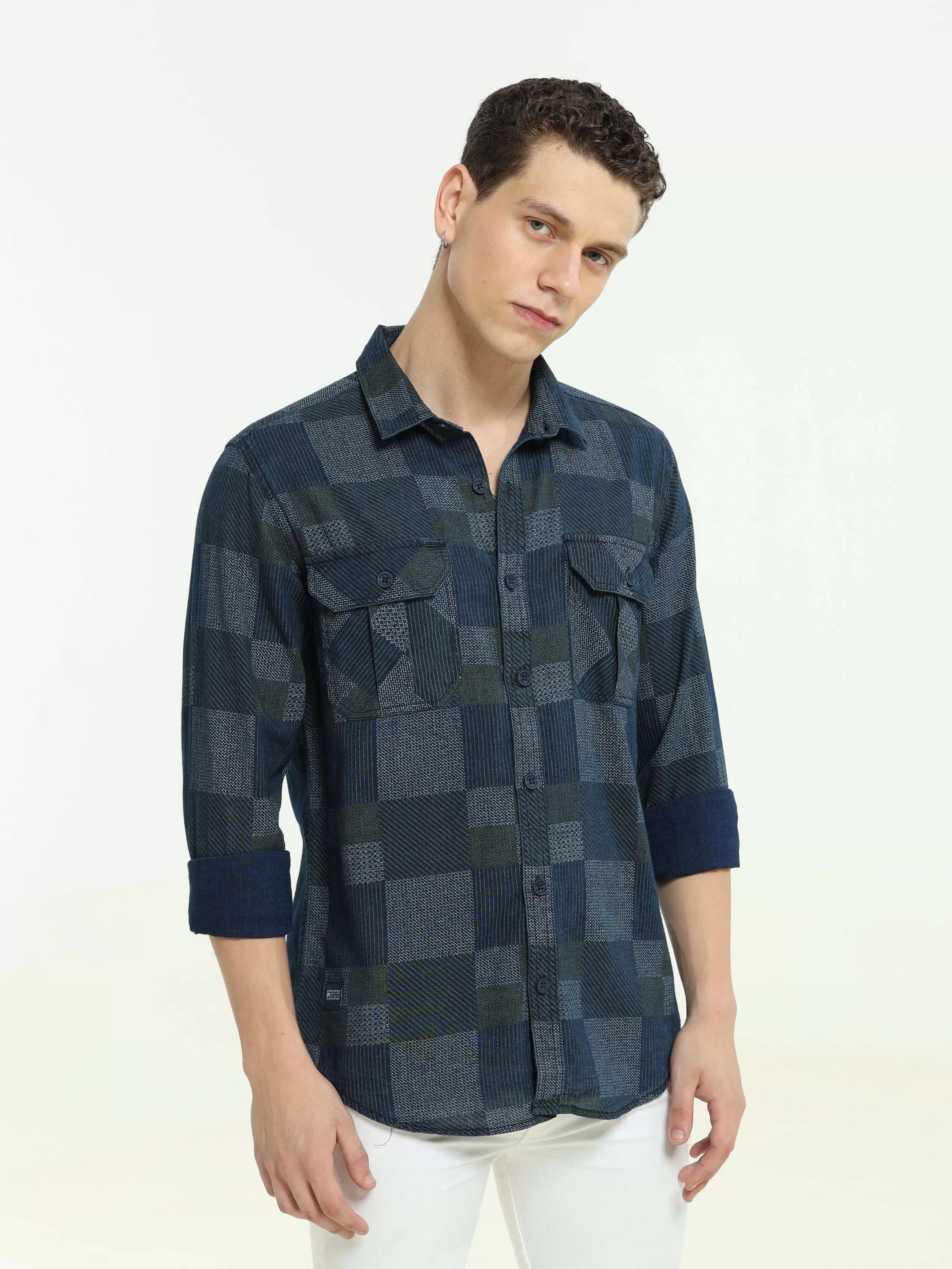 Denim multi blocked check casual shirt