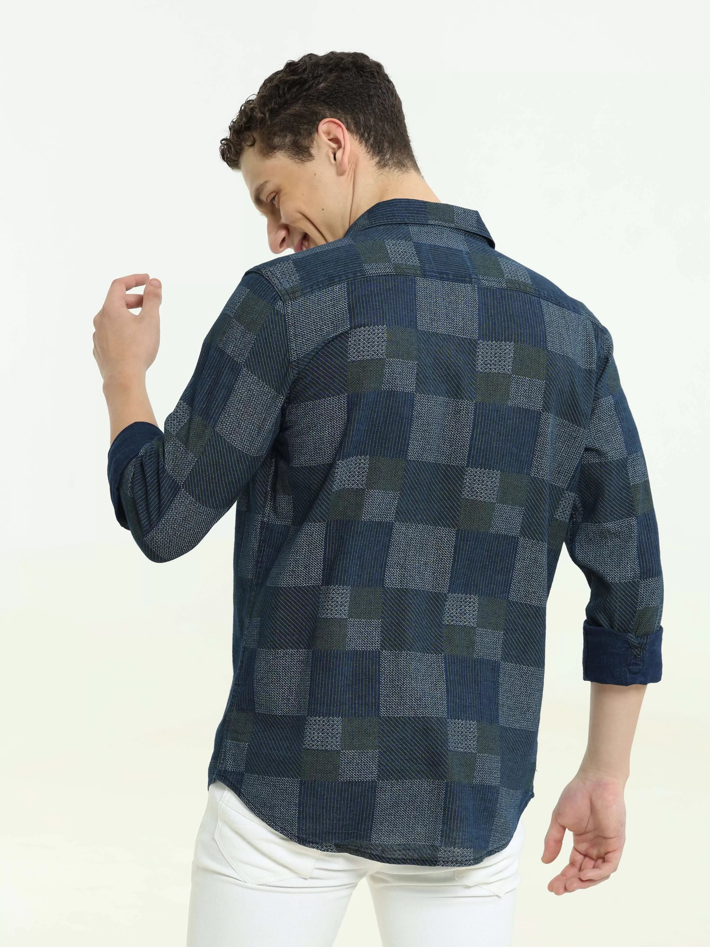 Denim multi blocked check casual shirt