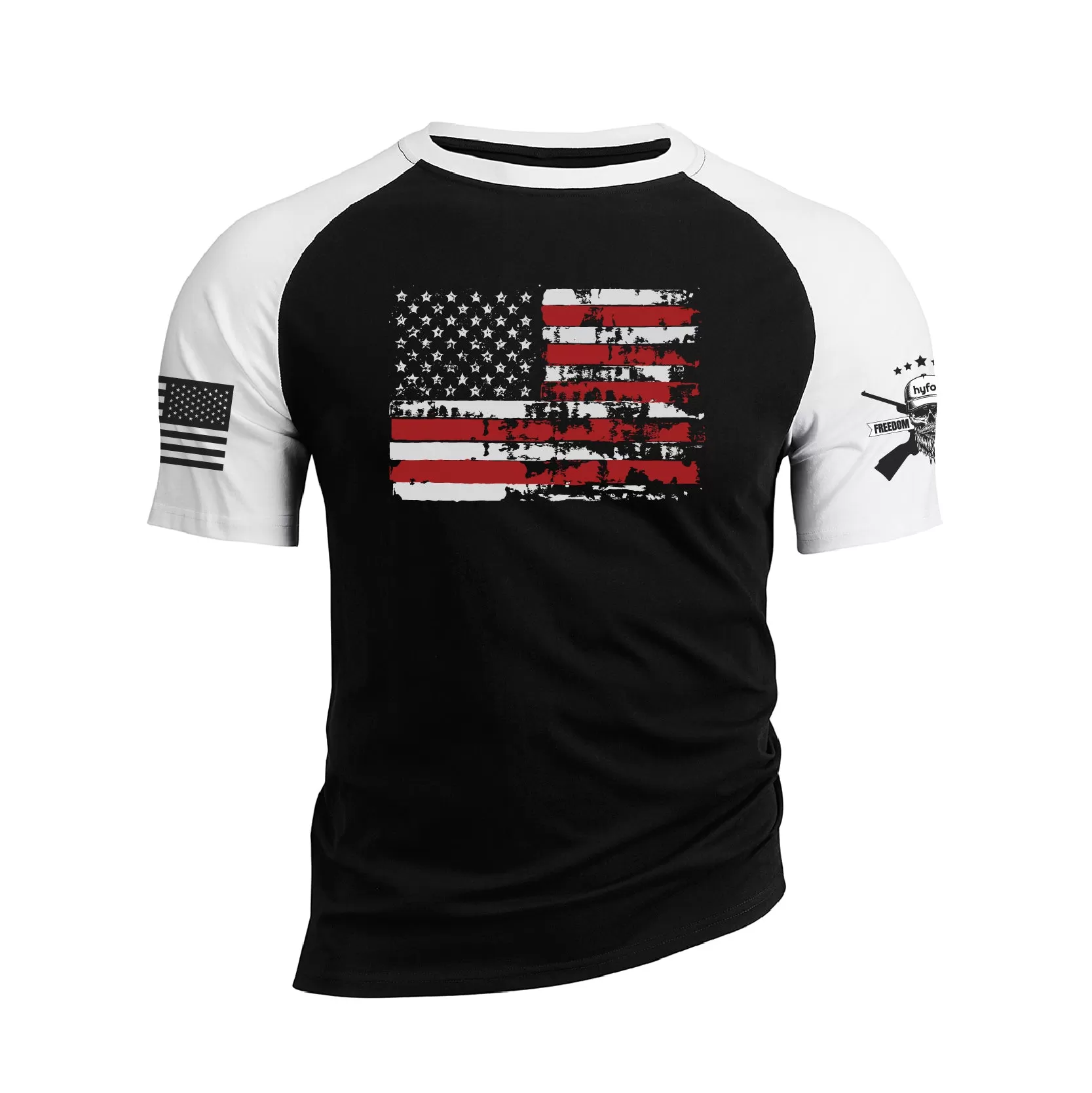 DISTRESSED USA FLAG 100% COTTON RAGLAN GRAPHIC TEE