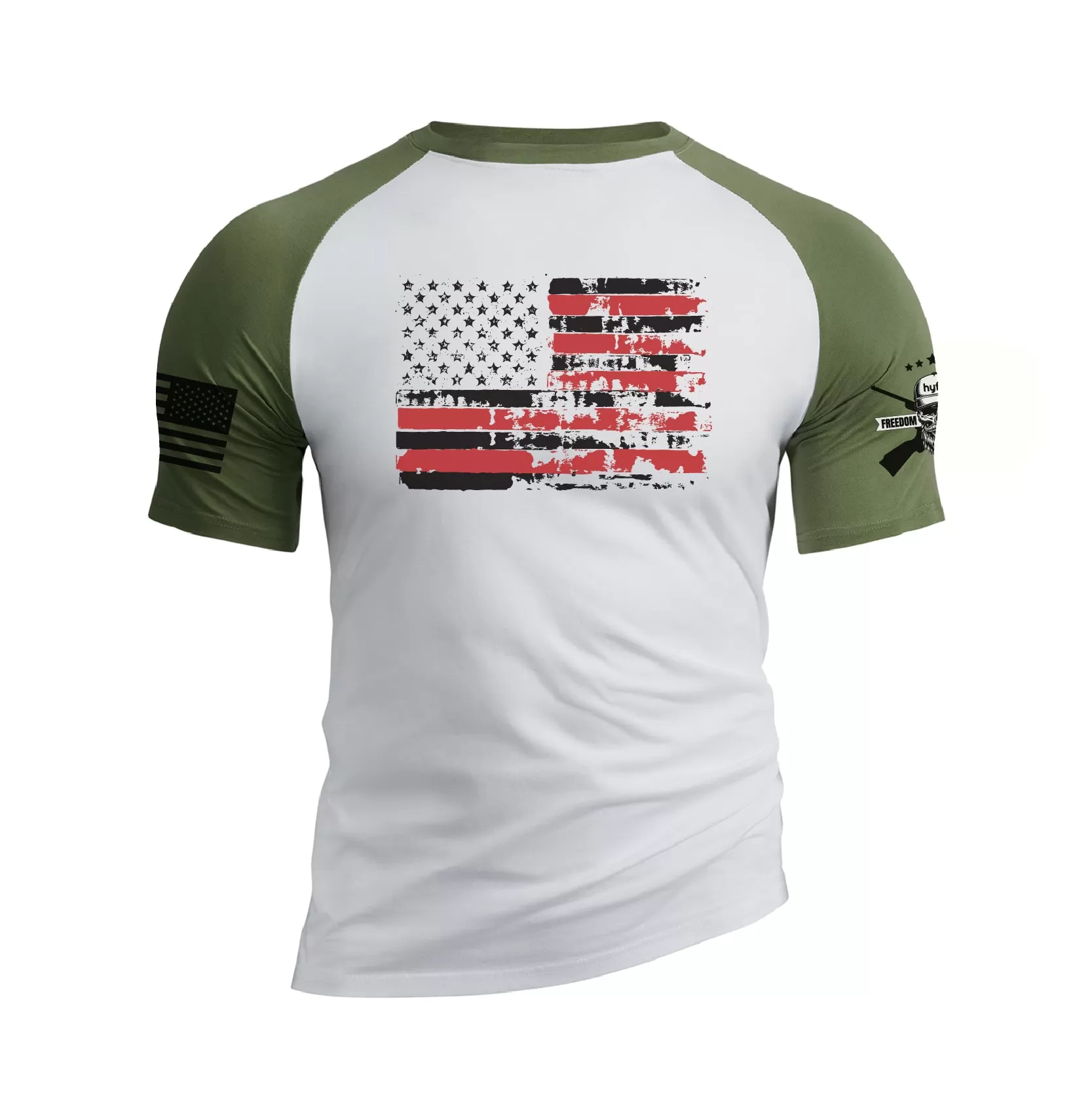 DISTRESSED USA FLAG 100% COTTON RAGLAN GRAPHIC TEE