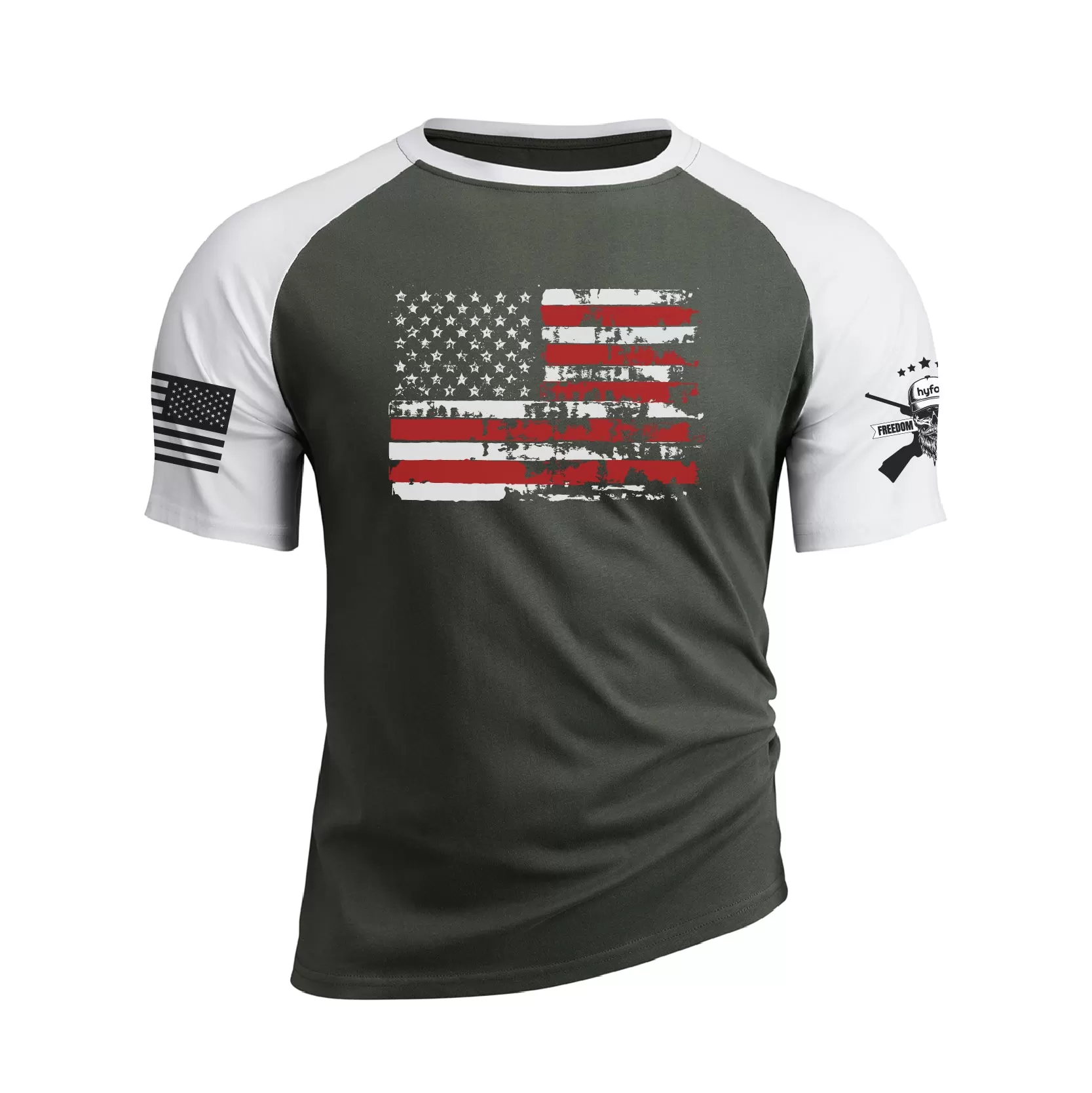 DISTRESSED USA FLAG 100% COTTON RAGLAN GRAPHIC TEE